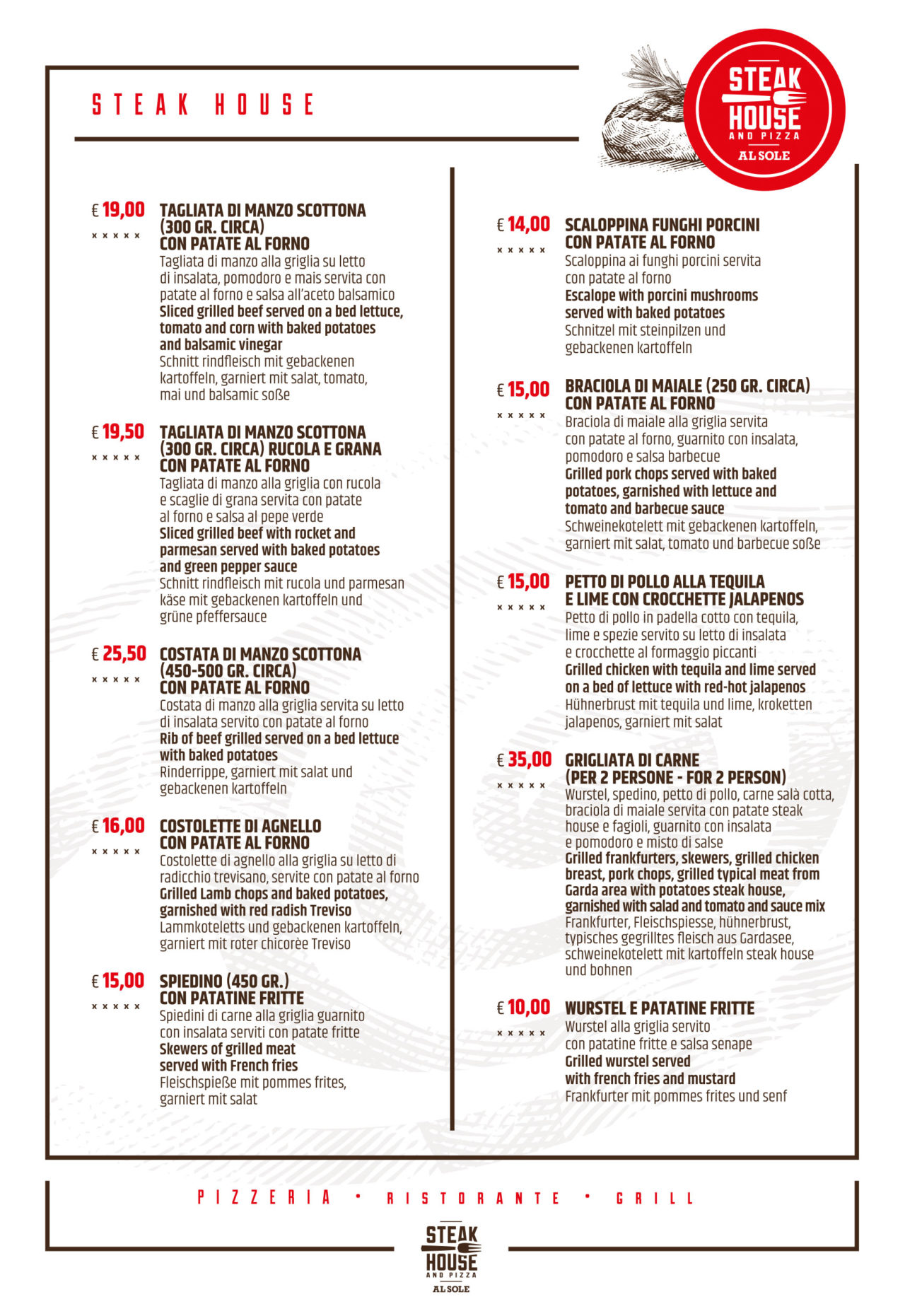Menù Pizzeria Al Sole Pizzeria Ristorante Steak House Molina Ledro